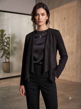 Bianco Black Faux Suede Draped Waterfall Open Front Cardigan Jacket - Size S